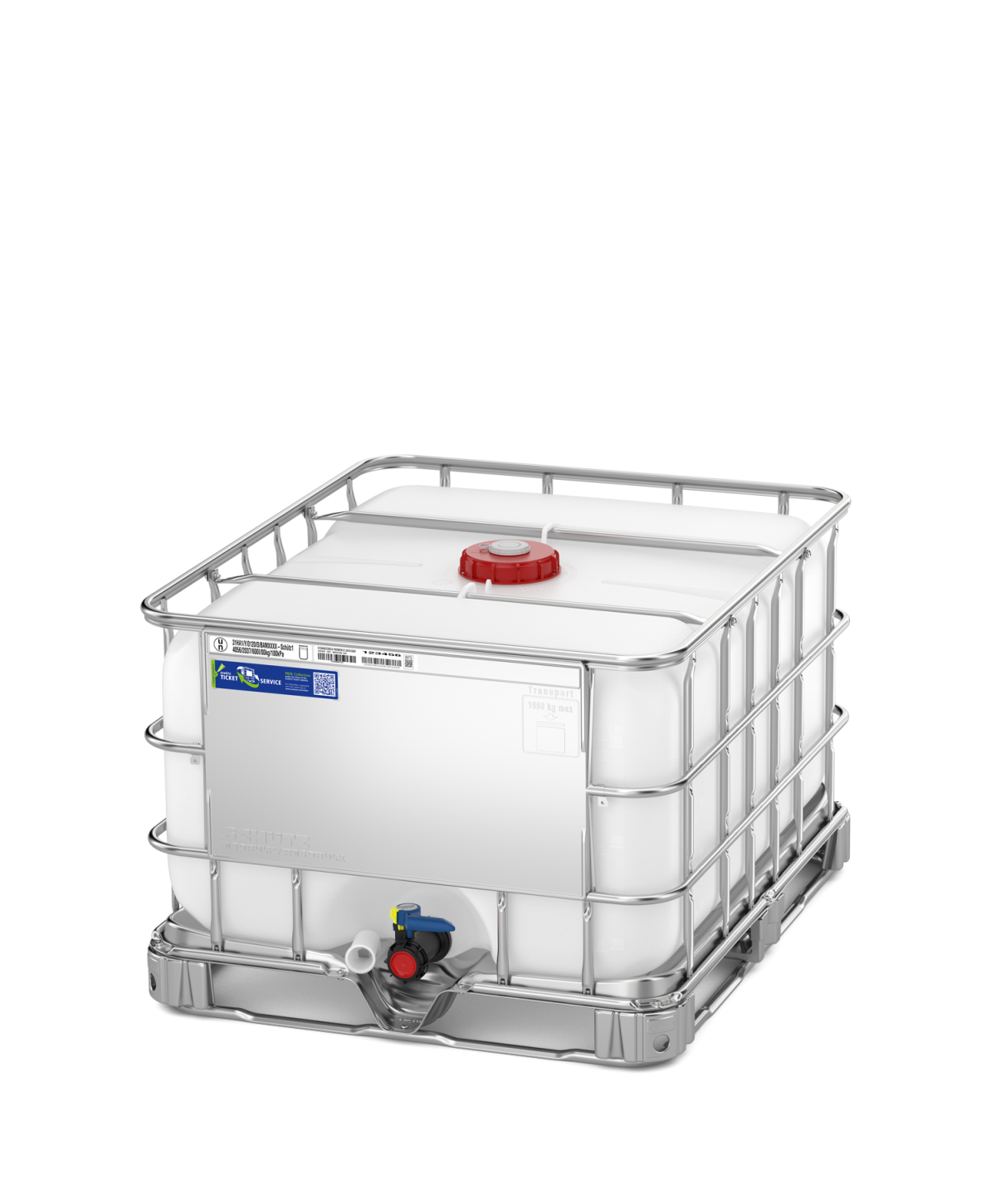Schütz MX560 IBC 560L new intermediate bulk container with DN50 butterfly valve and steel pallet