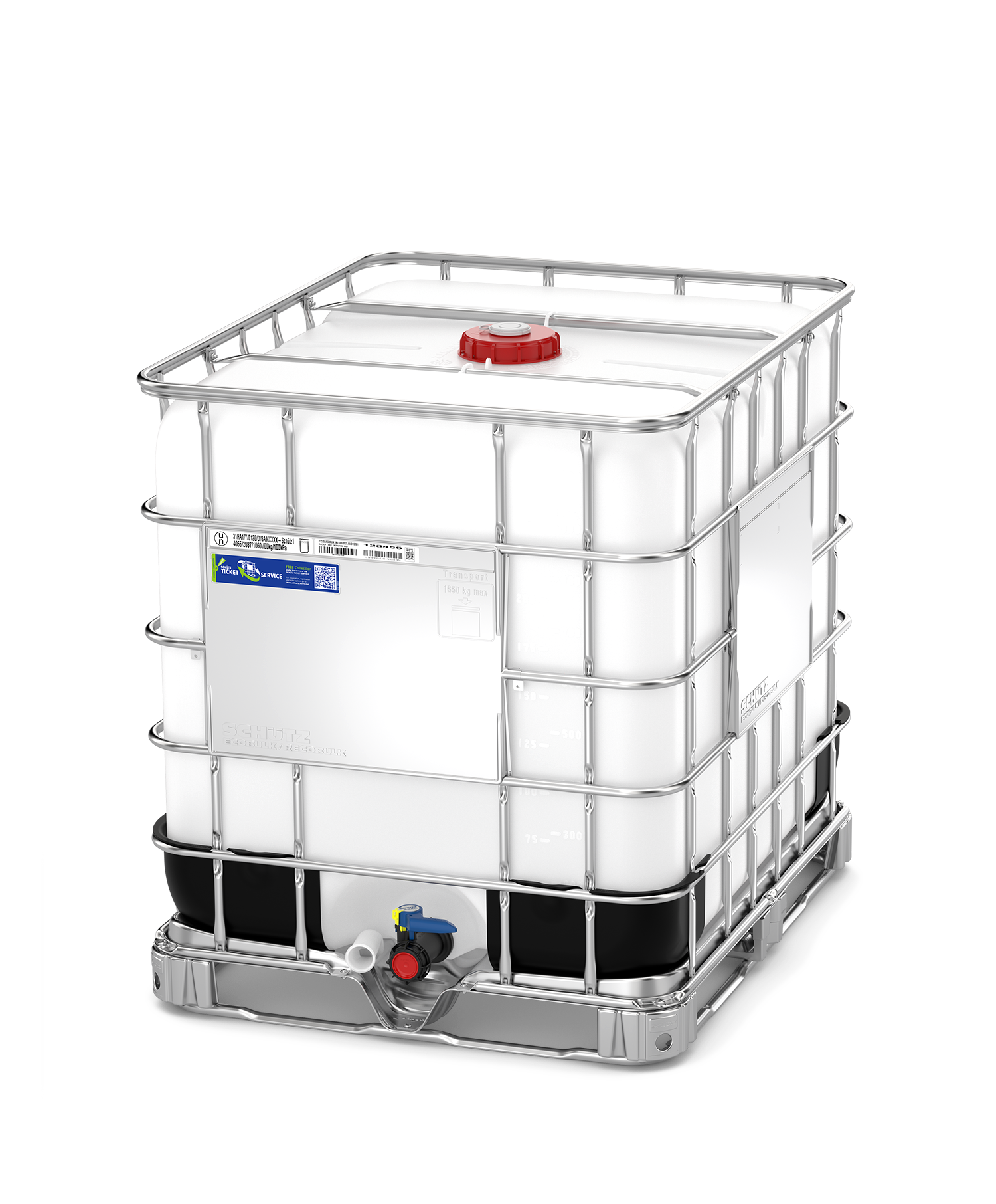 Schütz MX1000 IBC 1000L intermediate bulk container with DN50 butterfly valve and steel pallet