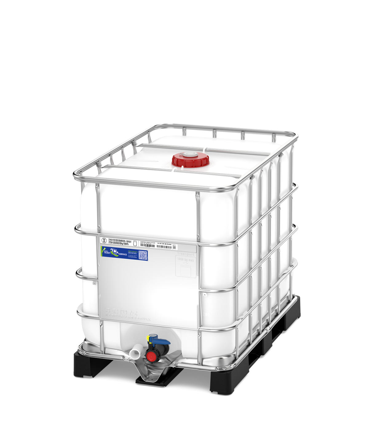 Schütz MX640 IBC 640L new intermediate bulk container with DN50 butterfly valve and steel pallet