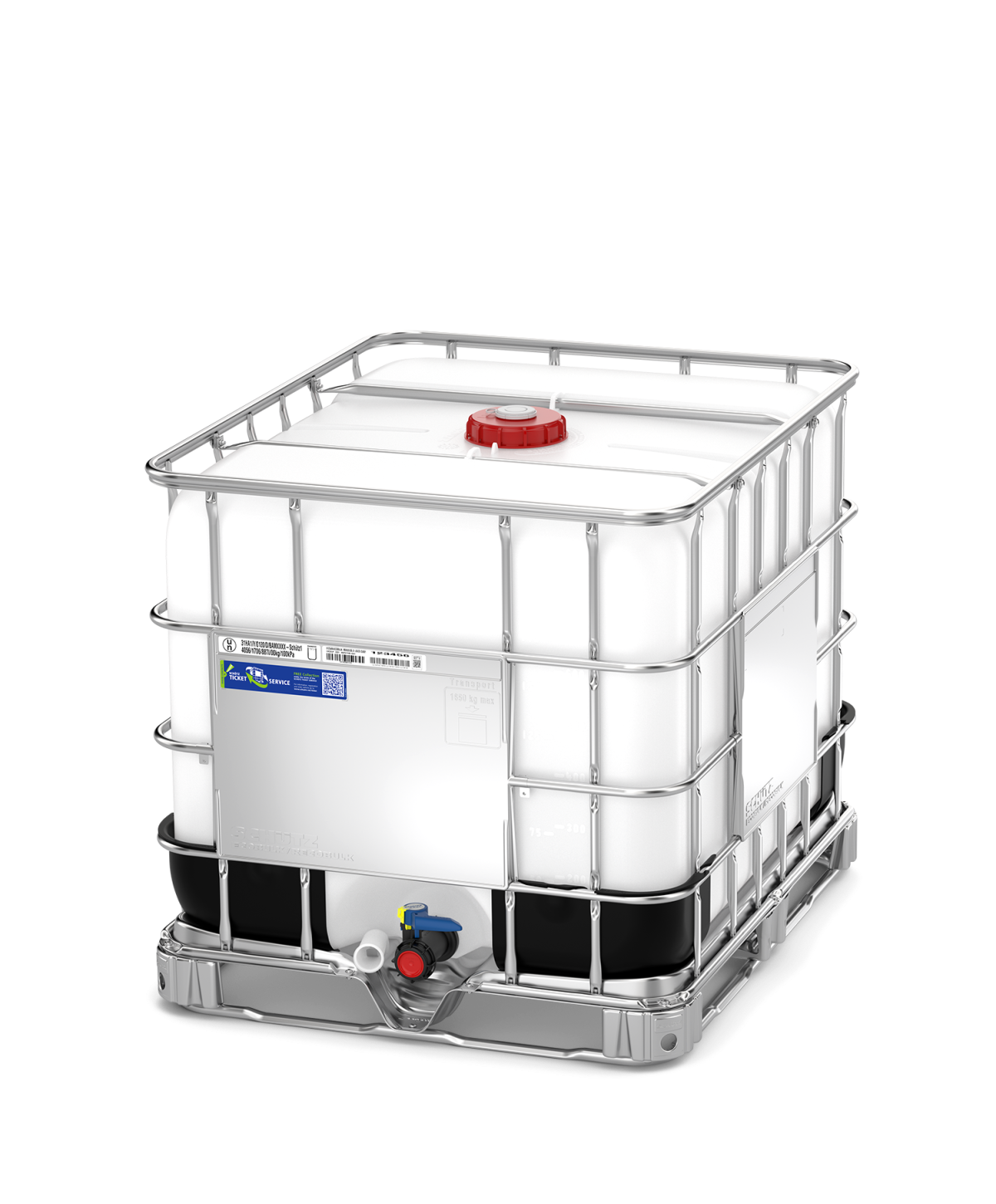 Schütz MX820 IBC 820L new intermediate bulk container with DN50 butterfly valve and steel pallet