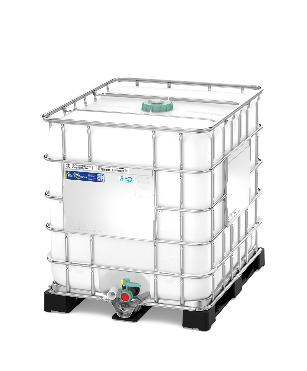 Schütz MX1000 food grade IBC 1000L new with DN50 Viton ball valve and plastic pallet